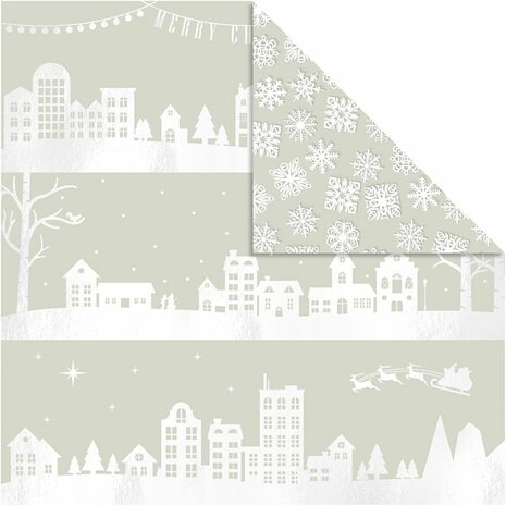 Design papier, huizen en sneeuwvlokken, vel 30,5x30,5 cm, 180 gr, 3 vel/ 1 doos
