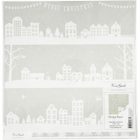 Design papier, huizen en sneeuwvlokken, vel 30,5x30,5 cm, 180 gr, 3 vel/ 1 doos