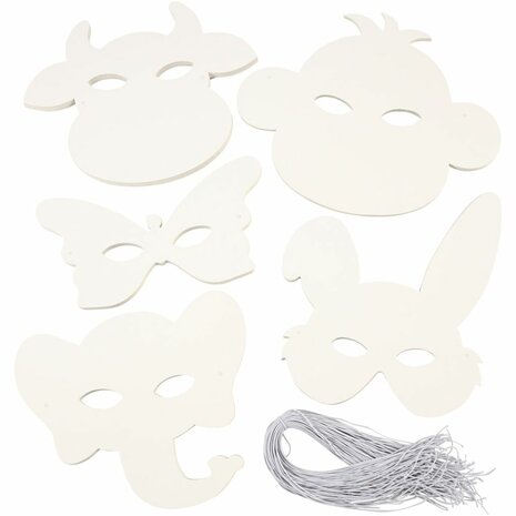 Dierenmaskers, H: 13-24 cm, B: 20-28 cm, 230 gr, wit, 100 stuk/ 1 doos