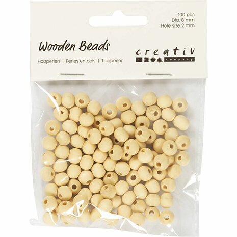 Houten kraal, d 8 mm, gatgrootte 2 mm, 100 stuk/ 1 doos