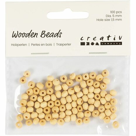 Houten kraal, d 5 mm, gatgrootte 1,5 mm, 100 stuk/ 1 doos