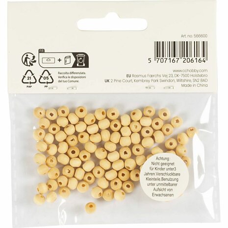 Houten kraal, d 5 mm, gatgrootte 1,5 mm, 100 stuk/ 1 doos