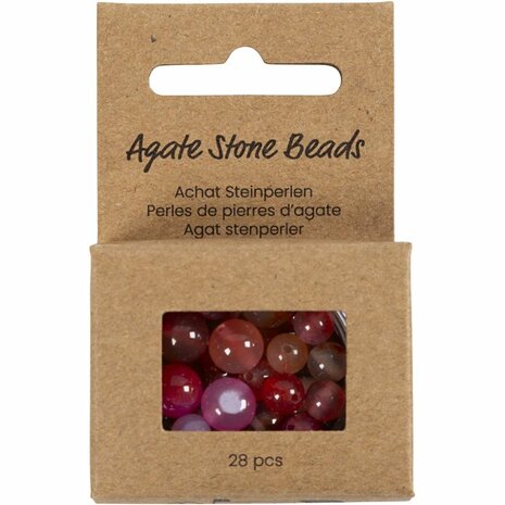 Kralen van agaat, d 6+8+10 mm, gatgrootte 0,9-1 mm, ca. 28 stuk, beige, roze, 28 stuk/ 1 doos