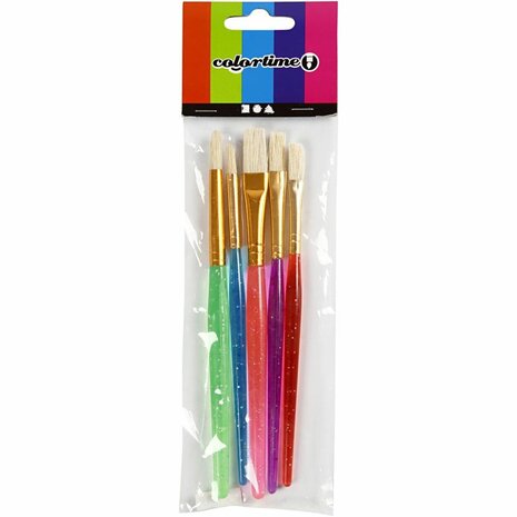 Kwasten voor Kinderen, afm 8+12+18, L: 14-16 cm, B: 5-10 mm, plat,rond, diverse kleuren, 5 stuk/ 1 doos