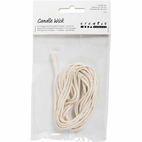 Lont, Geschikt voor dompelkaarsen (dia. 22-30 mm) en gegoten kaarsen (dia. 60-80 mm), 100 gr, 3 m/ 1 doos