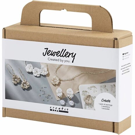 Hobbyset sieraden maken | Oorbellen + armband + halsketting + ring | Bloemontwerp roos | Beige | Mini Creative Set Jewellery