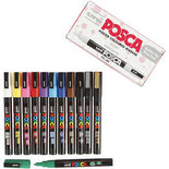 Krijtstift - Chalkmarker - Universele Marker - Uni Posca Marker - Standaard Kleuren - PC-3M - 0,9mm - 1,3mm - 12 stuks