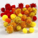 Pompoms, oranje, rood, geel, d 15+20 mm, 48 div/ 1 doos