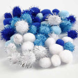 Pompoms, lichtblauw, donkerblauw, wit, d: 15+20 mm, 48 div/ 1 doos