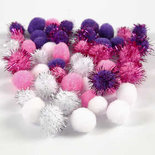 Pompoms, paars, lichtrood, wit, d 15+20 mm, 48 div/ 1 doos