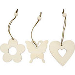 Houten decoraties, bloem, vlinder, hart, afm 6 cm, 9 stuk/ 1 doos