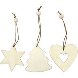 Houten decoraties, hart, ster, kerstboom, afm 6 cm, dikte 3 mm, 9stuks