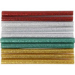 Lijmpistool vullingen, goud, groen, rood, zilver, L: 10 cm, glitter, 10 stuk/ 1 doos