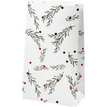 Papieren zakken, h: 21 cm, afm 6x12 cm, groen, wit, metallic rood, tak met kerstballen, 8stuks