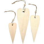 Houten decoraties, lang hart, H: 12+16+20 cm, dikte 5 mm, 3 stuk/ 1 doos