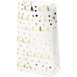 Papieren zakken, h: 21 cm, afm 6x12 cm, wit, goud, kerstboom met hert, 8stuks