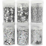 Glitter en pailletten, zilver, 6x5 gr/ 1 doos