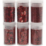 Glitter en pailletten, rood, 6x5 gr/ 1 doos