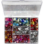 Strasstenen in display box, blauw, roze, zilver, rond, sterren, harten, d 6+7+9+10+11+12+14+16 mm, 300 stuk/ 1 doos