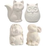 Dierenspaarpot, wit, uil, vos, egel, haas, H: 9-10 cm, 4 stuk/ 1 karton