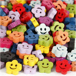 Houten kralen met motief, d: 13 mm, gatgrootte 1 mm, diverse kleuren, china berry, vrolijke bloemen, 100gr