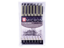Fineliners - Zwart - 005, 01, 02, 03, 05, 08, brush - Sakura Pigma Micron - 6 stuks + 1 brushpen