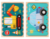 Puzzel Ijsstokjes Vorm - Beide kanten bedrukt - Politie Auto & Graafmachine - Hout - Kinderen - 12x18cm - 8 stukjes