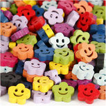 Houten kralen met motief, d: 13 mm, gatgrootte 1 mm, diverse kleuren, china berry, vrolijke bloemen, 100gr Houten kralen met motief, d: 13 mm, gatgrootte 1 mm, diverse kleuren, china berry, vrolijke bloemen, 100gr
