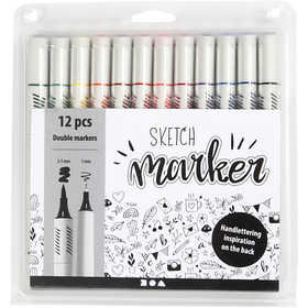 Tekenstiften, standaardkleuren, lijndikte 1+2-5 mm, 12 stuk/ 1 doos