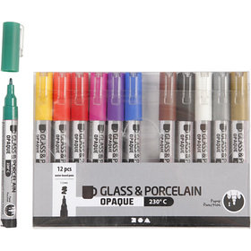 Glas- & Porseleinstiften, diverse kleuren, lijndikte 1-2 mm, semi-dekkend, 12 stuk/ 1 doos