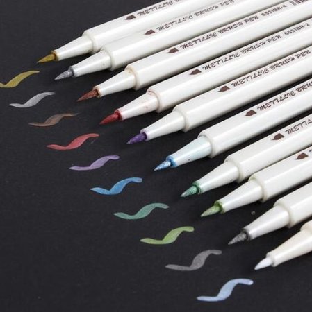 Krijtstift met kwastje - Brush stiften - Stiften zachte punt - 1-2mm - metallic kleuren - 10 stuks