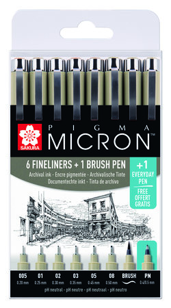 Fineliners - Zwart - 005, 01, 02, 03, 05, 08, brush, PN - Sakura Pigma Micron - 6 stuks + 1 brushpen + 1 PN