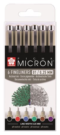 Fineliners - Basiskleuren - 01 - 0,25mm - Sakura Pigma Micron - 6 stuks
