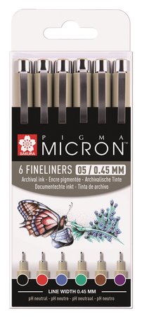Fineliners - Basiskleuren - 05 - 0,45mm - Sakura Pigma Micron - 6 stuks