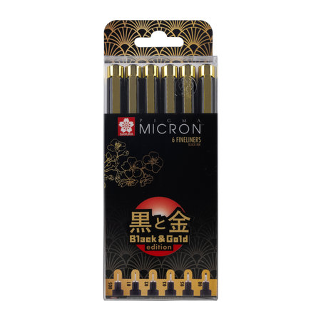 Fineliners - Black & Gold edition - 005, 01, 02, 03, 05, 08 - Sakura Pigma Micron - 6 stuks