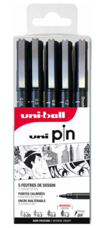 Uni Pin fineliner set intens zwart 5 stuks