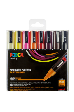 Posca Marker - Universele Stift - Paintmarker - Warme Kleuren - PC-5M - lijndikte 2,5mm - 8 stuks