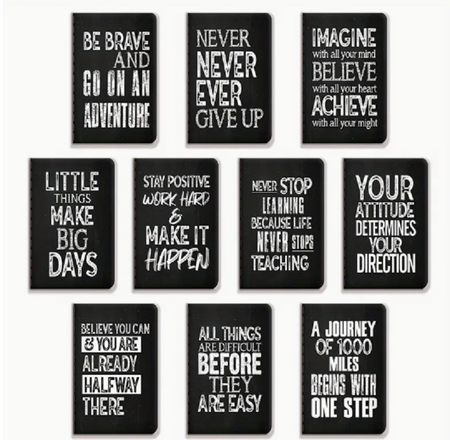 Mini Notitieboekjes Met Quote - Zwarte Notitieboekjes - Inspirerende Quotes - Zaknotitieboekjes - Zwart Met Witte Letters - 12,5cmx8cm - 10 Stuks