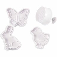 Uitsteekvormen Met Stempel - Paasdecoratie Vormpjes - Uitsteekvormen Set - Stempels Voor Paaseieren - Haas, Kip, Vlinder Vormpjes - DIY Bakvormen - Hoogte 5 cm - Set van 4 Stuks