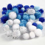 Pompoms, lichtblauw, donkerblauw, wit, d: 15+20 mm, 48 div/ 1 doos