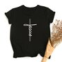 T-shirt - Dames - Zwart - Christelijk - Witte Tekst Jesus Kruisvorm - Mt S