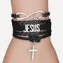 Wikkelarmband - Armband - Geloof - Christelijk - Kunstleer - Leatherlook Koord - Love, Kruis, Jesus - Zwart