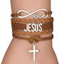 Wikkelarmband - Armband - Geloof - Christelijk - Kunstleer - Leatherlook Koord - Love, Kruis, Jesus - Bruin
