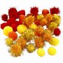 Pompoms, oranje, rood, geel, d 15+20 mm, 48 div/ 1 doos